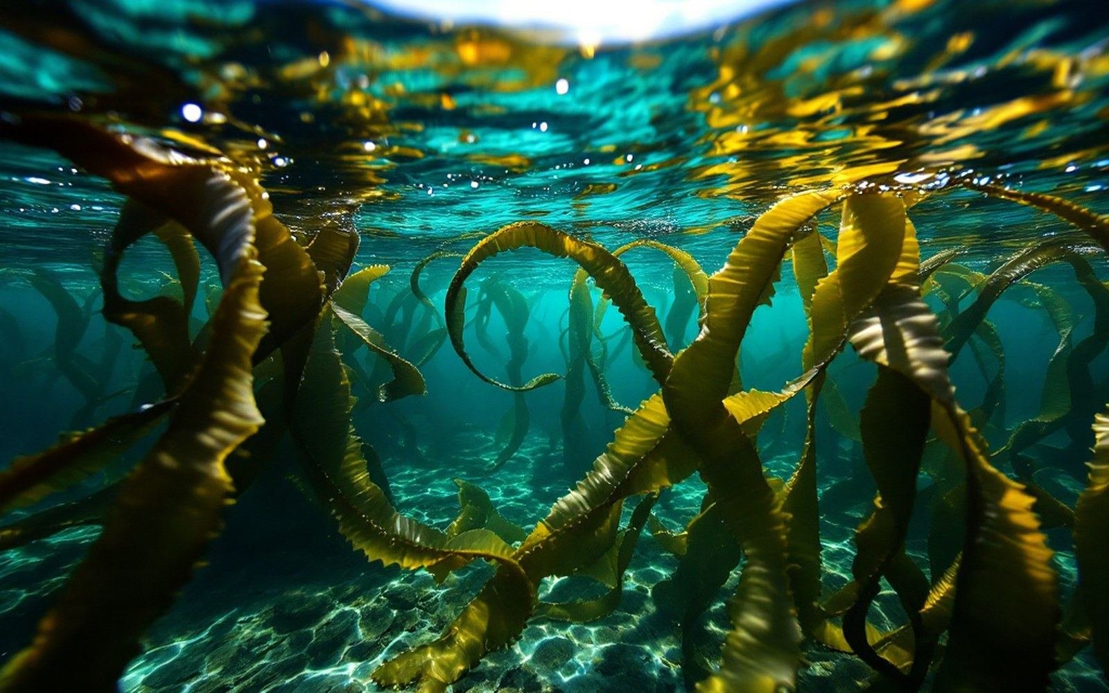 A giant kelp stand seen from below the surface, stipes rising to the light