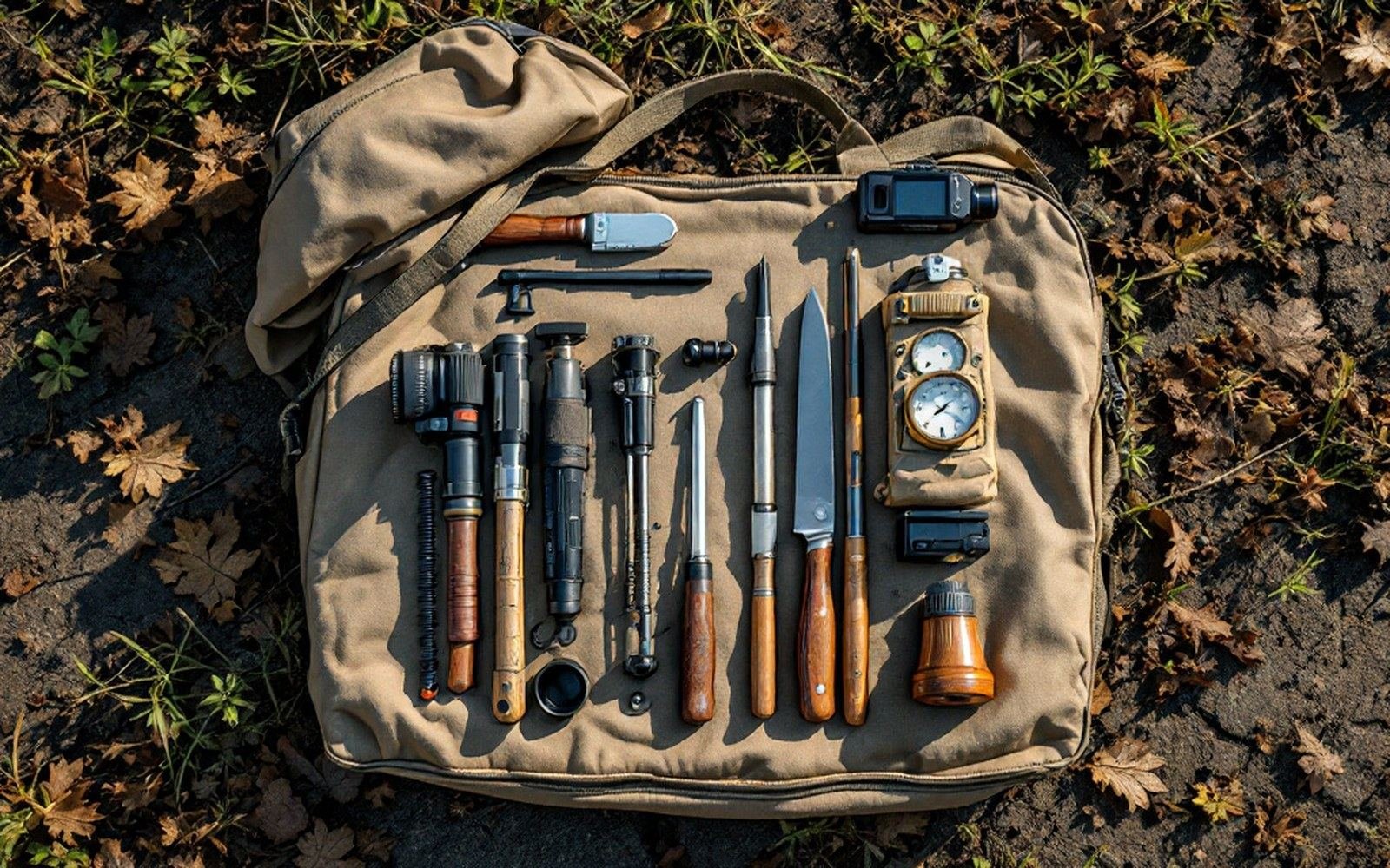 Field instruments laid out on a canvas bag on the ground