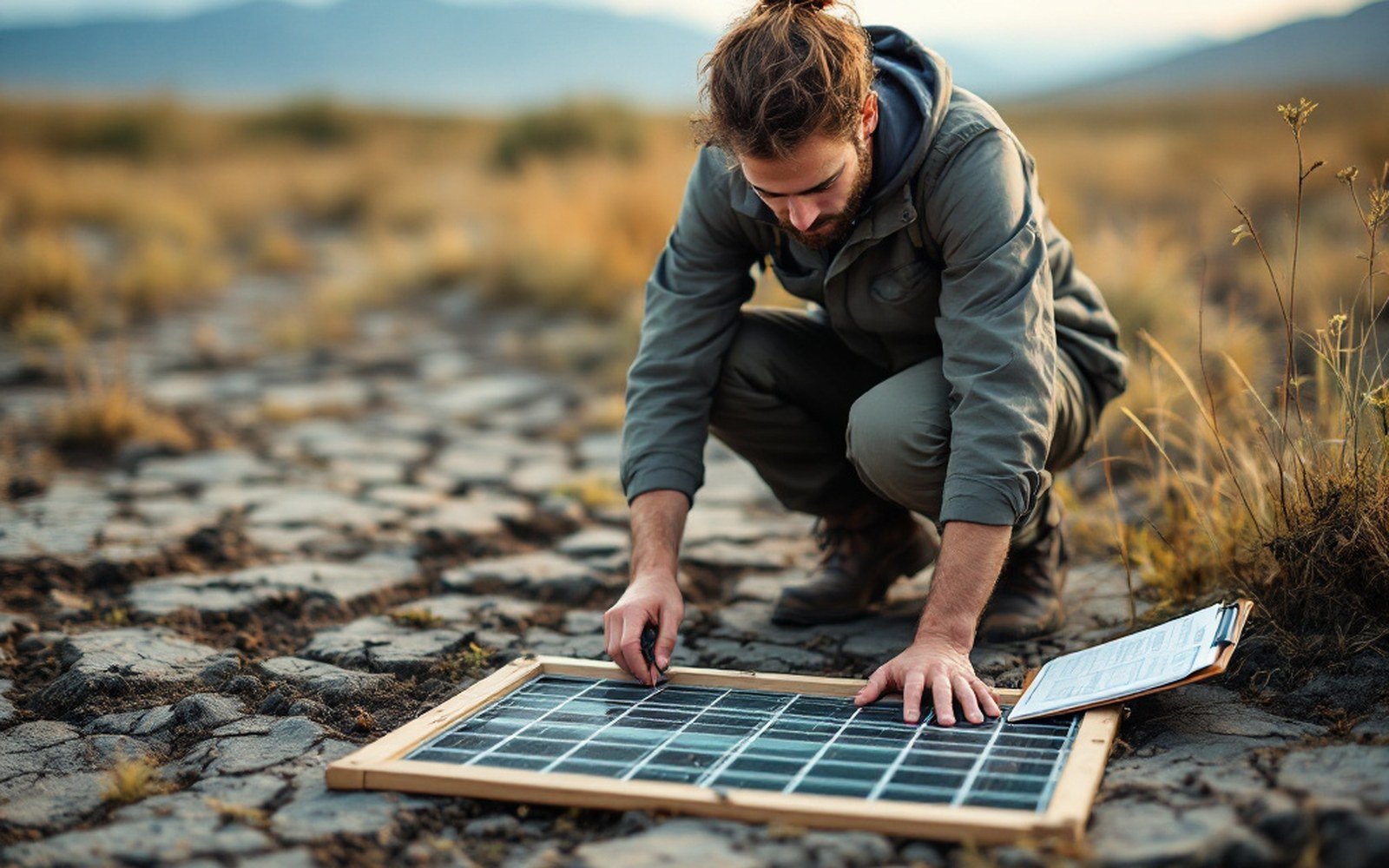 A field ecologist kneeling at a quadrat frame laid on open ground, clipboard beside