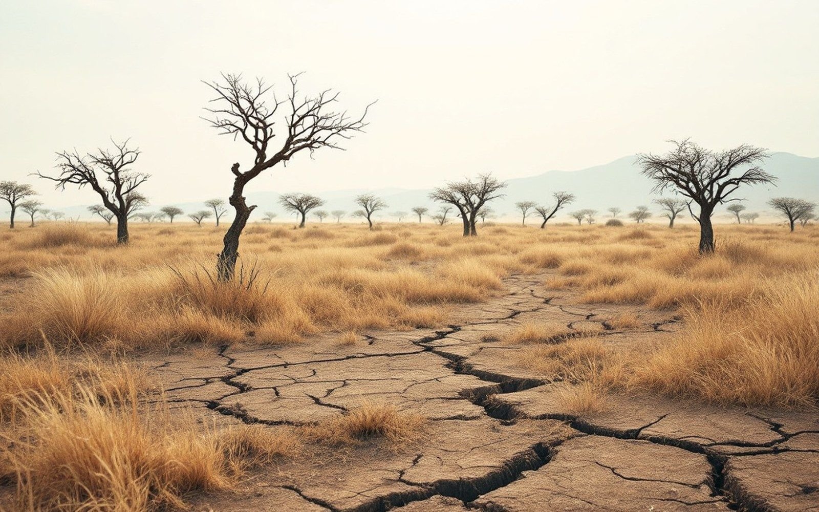 Open dry grassland with scattered thorn trees under a pale sky