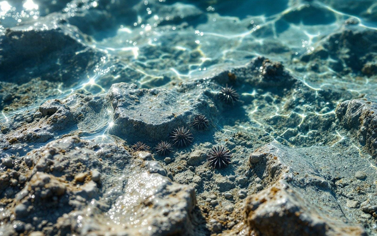 A shallow rocky seabed stripped bare with sea urchins visible