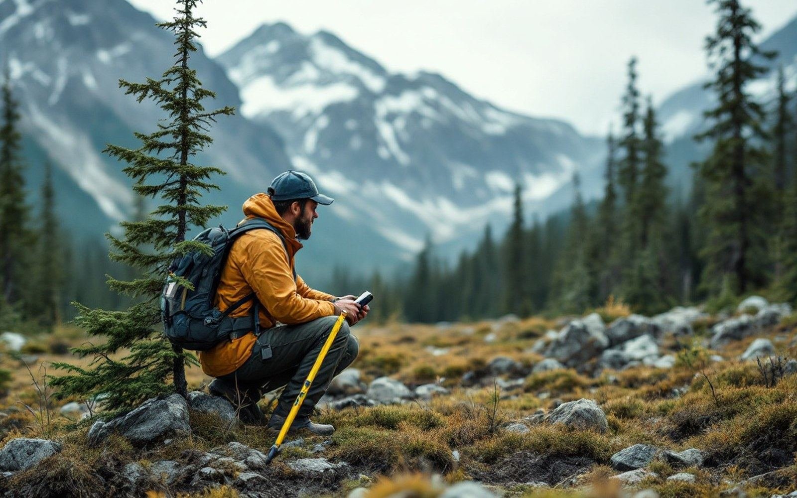 A surveyor at a treeline plot in a northern mountain range, stunted trees giving out to open ground behind